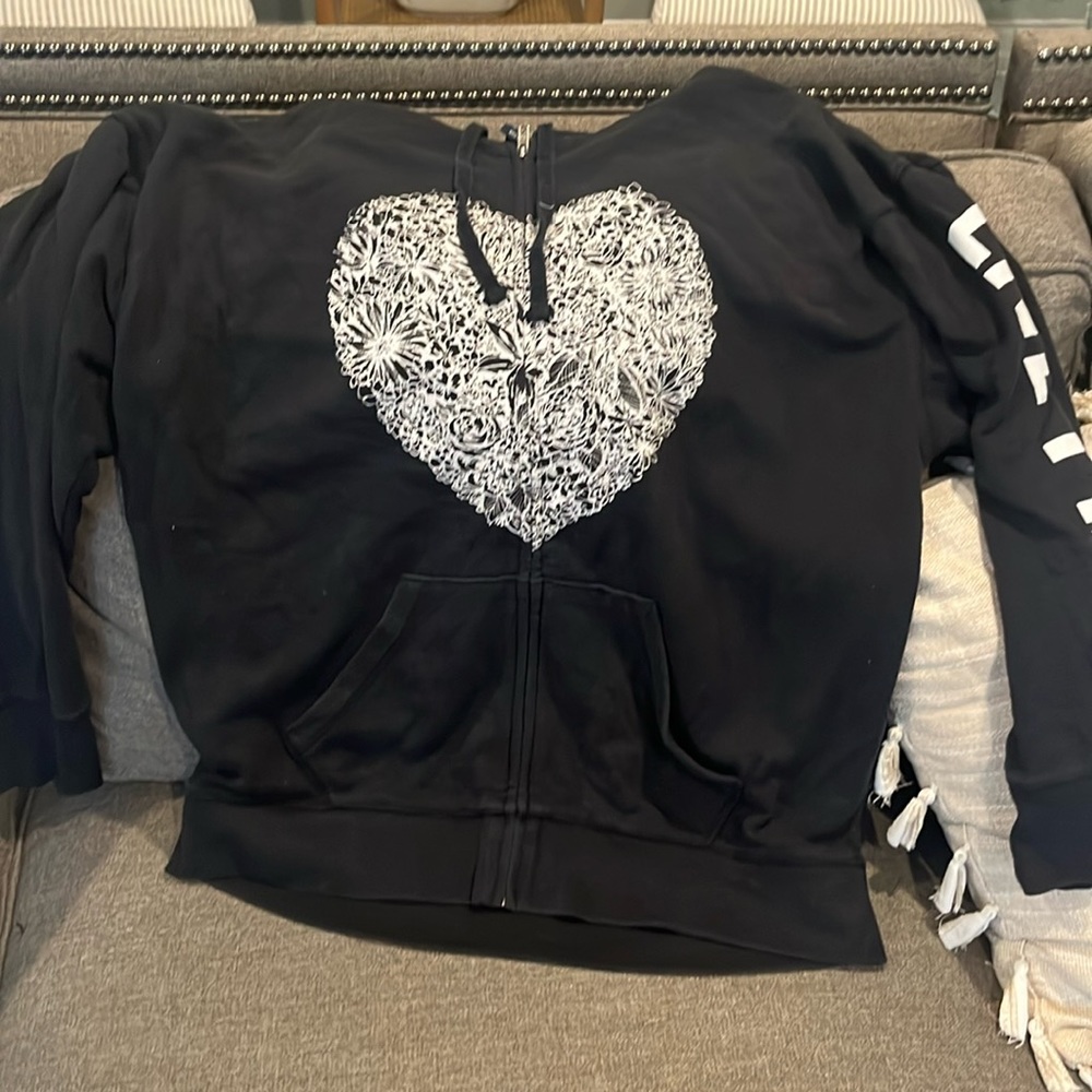 Victoria’s Secret Pink Black with White Jeweled Heart Zip Up Hoodie Oversized